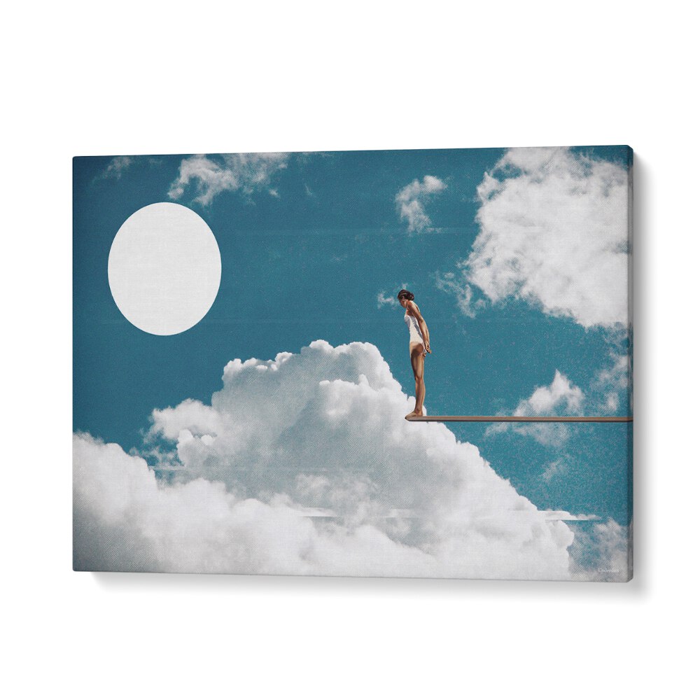 A person stands on a beam above clouds under a bright sun in the SURREAL REVERIE, SURREAL ART PRINTS by UNDERDOTT.