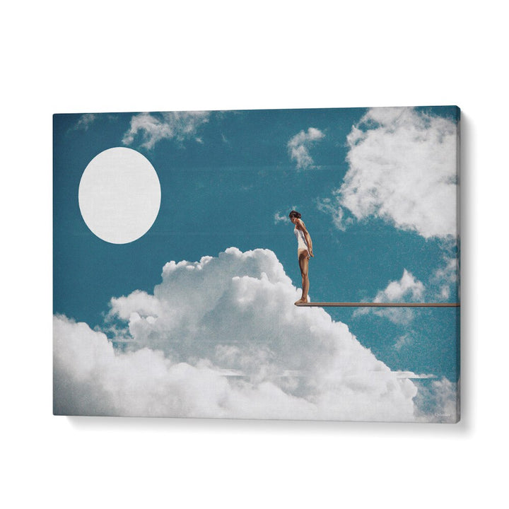 A person stands on a beam above clouds under a bright sun in the SURREAL REVERIE, SURREAL ART PRINTS by UNDERDOTT.
