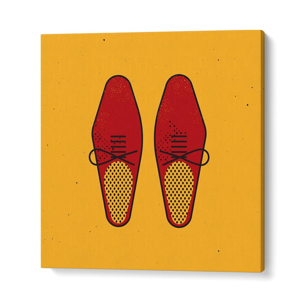 Stylish design of THE RED SHOES, FASHION POSTERS featuring bold red footwear on a vibrant yellow background.