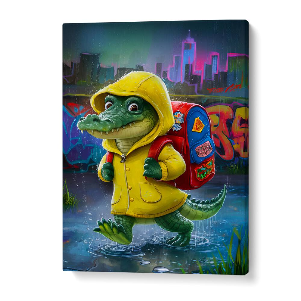 Cute BABY CROCODILE in a yellow raincoat, perfect for KIDS ROOM PAINTINGS and COMIC POSTERS by Andreas Magnusson.