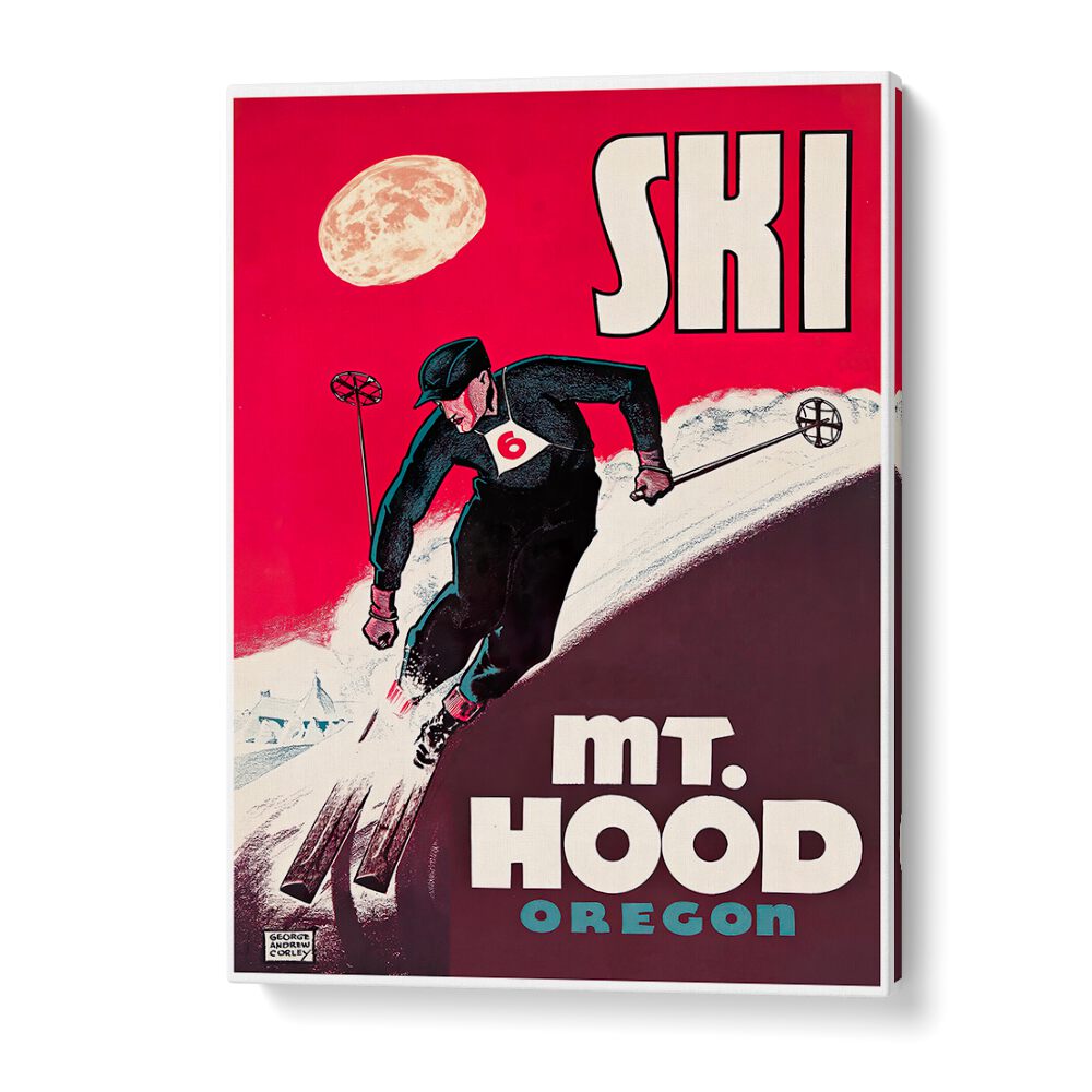 Skiing scene on a vibrant MT.HOOD OREGON, VINTAGE TRAVEL POSTERS, showcasing Mount Hood's iconic beauty.