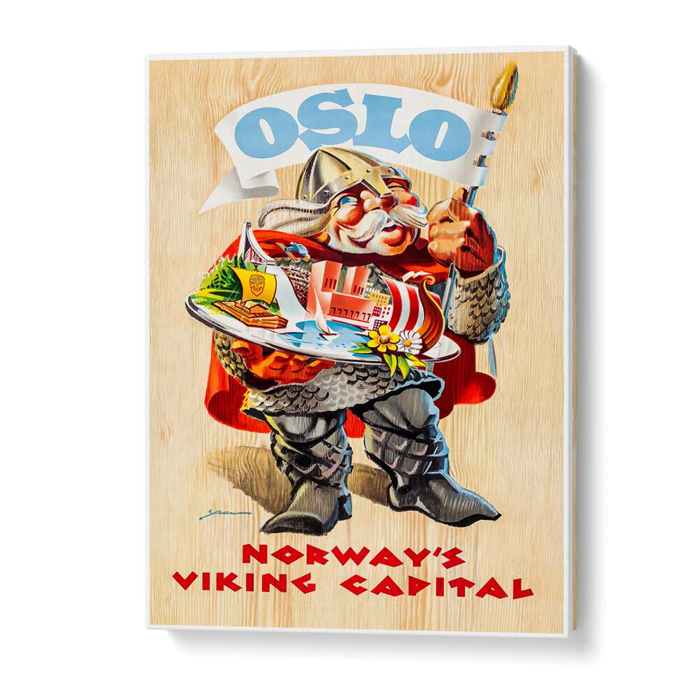 OSLO, VINTAGE TRAVEL POSTERS featuring a charming Viking character celebrating Norway's rich heritage and culture.