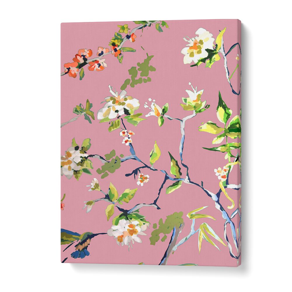 Colorful abstract floral brushstrokes in DINING ROOM WALLS PINK I, FLORAL FLOWER PAINTINGS for elegant home decor.
