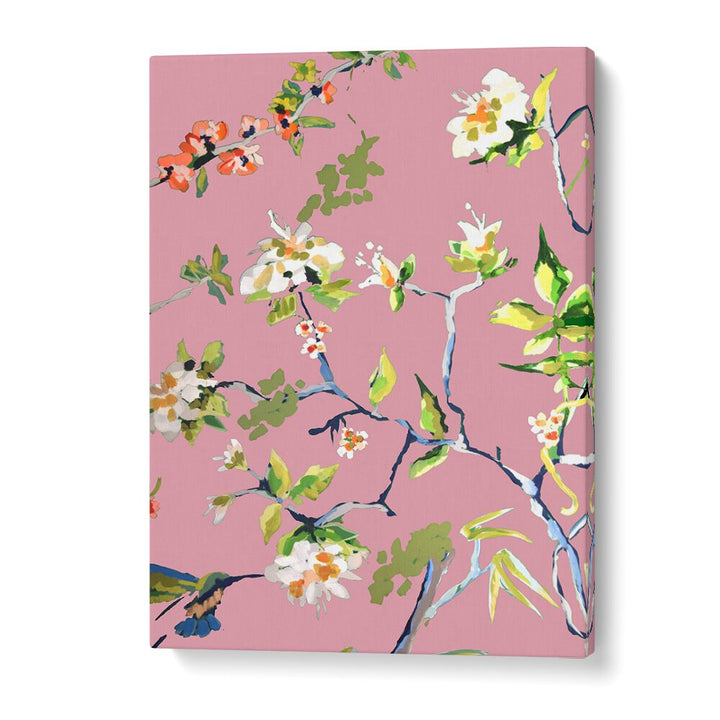 Colorful abstract floral brushstrokes in DINING ROOM WALLS PINK I, FLORAL FLOWER PAINTINGS for elegant home decor.