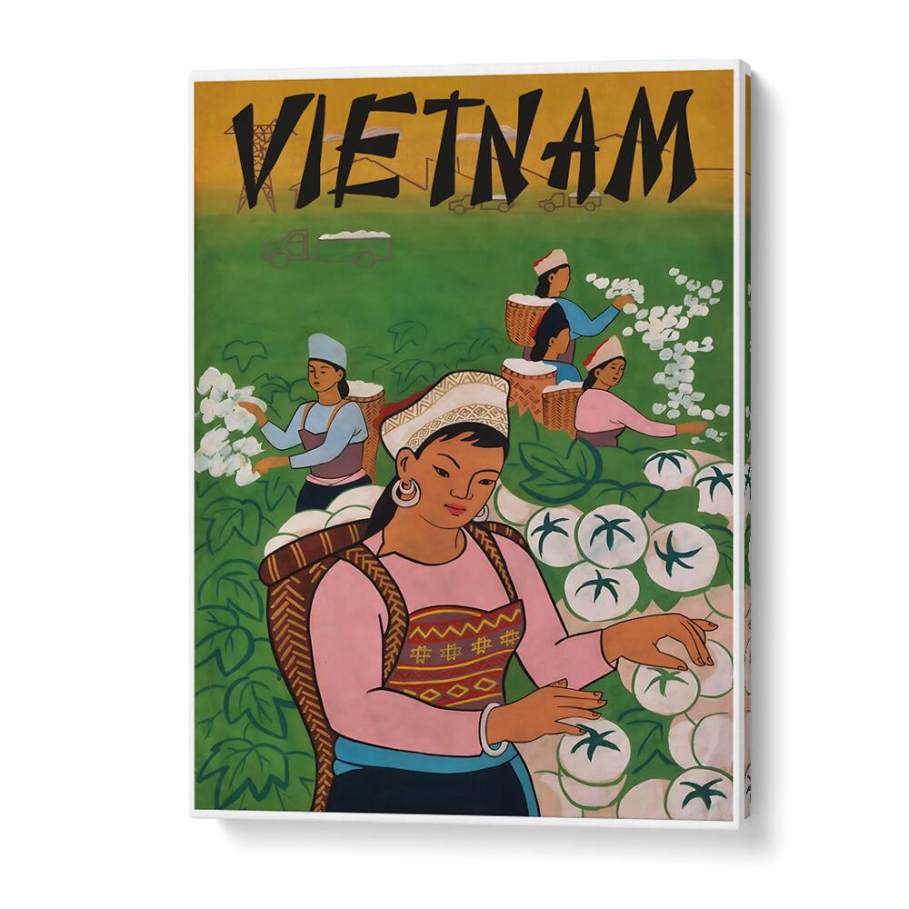 Colorful VIETNAM II , VINTAGE TRAVEL POSTERS showcasing traditional farming scenes and vibrant cultural elements.
