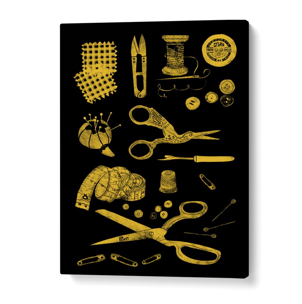 HABERDASHERY BLACK AND GOLD, FASHION POSTERS feature elegant gold sewing tools on a striking black background.