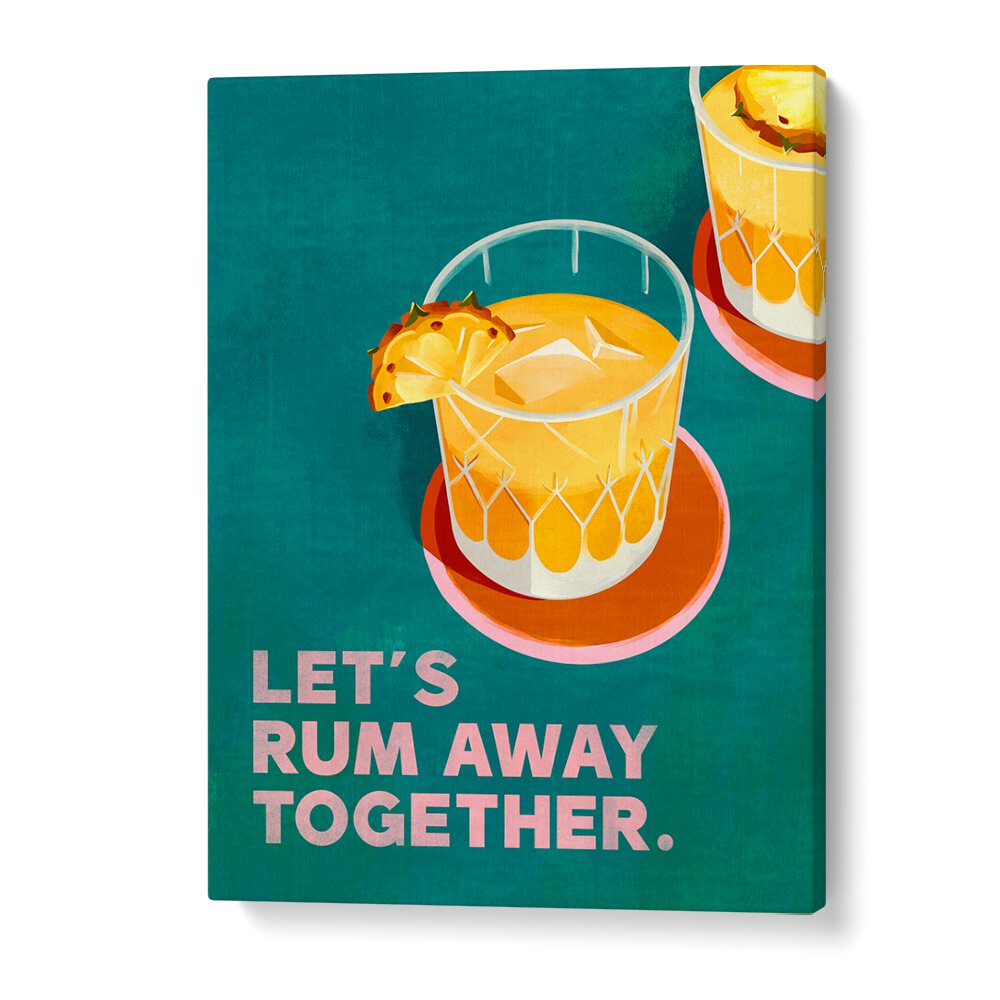 Bright cocktail art featuring "RUM AWAY TOGETHER, BAR" enhances any space with a beach bar vibe. Perfect for home decor.