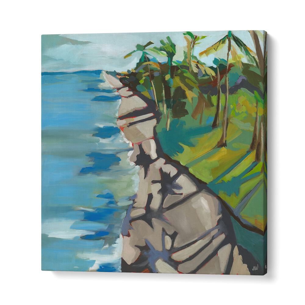 Abstract landscape painting titled WATER II, LANDSCAPE PAINTINGS, showcasing serene coastal views and lush greenery.