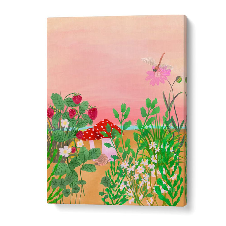 Vibrant WILD STRAWBERRY TRAIL, FLORAL FLOWER PAINTINGS showcasing nature's beauty in a colorful summer landscape.