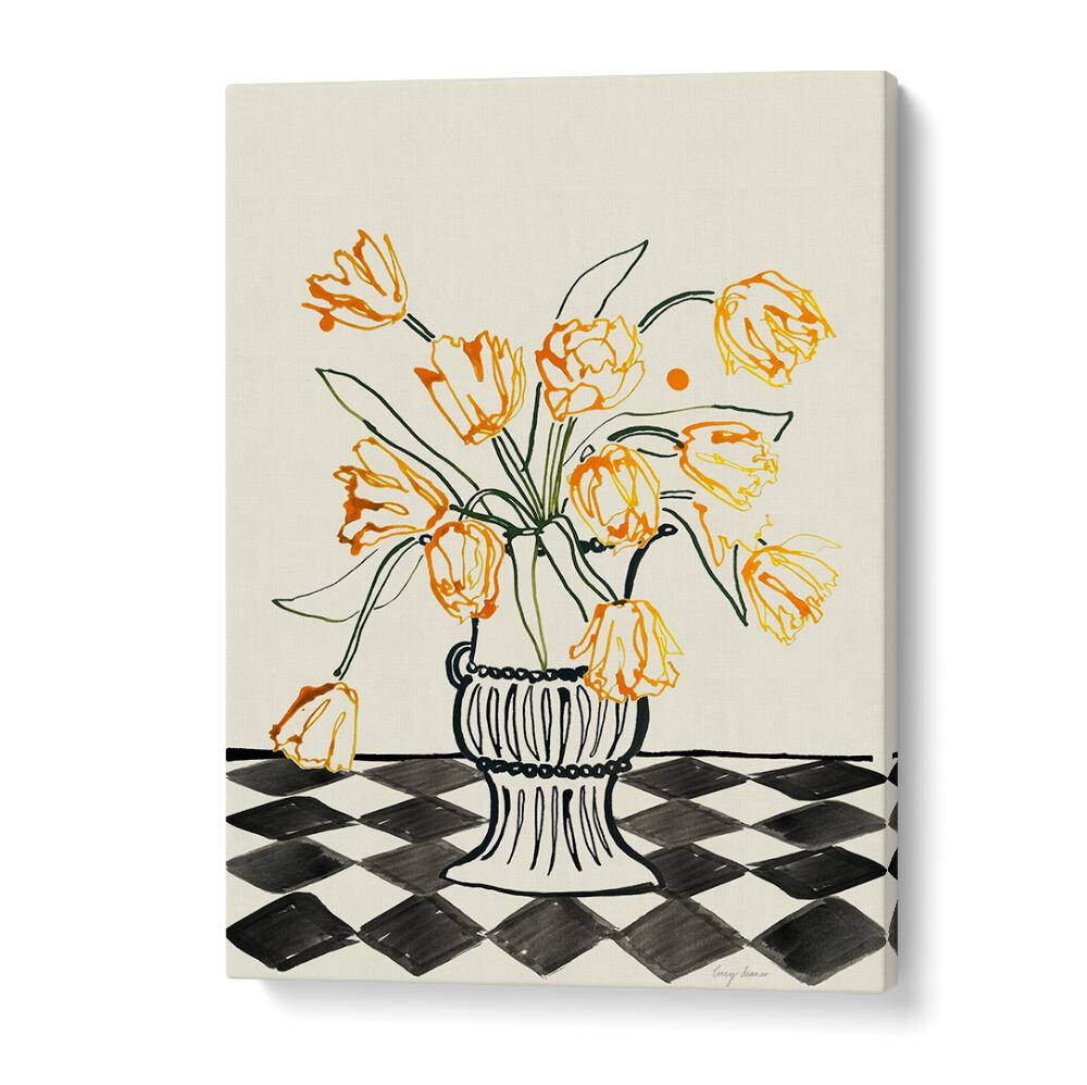 Bright orange tulips in a vase create a stunning display in this floral flower painting. Perfect for any decor.
