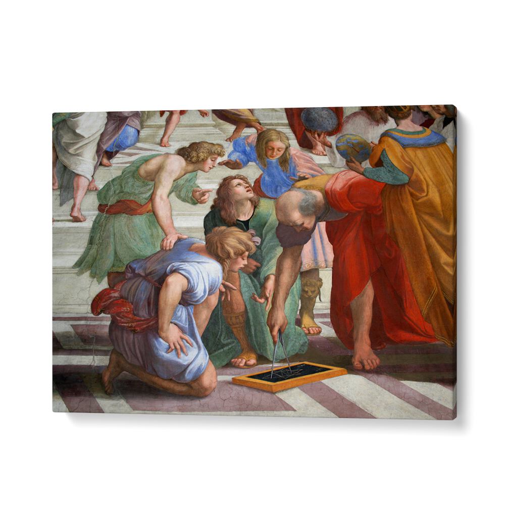 A vintage painting print inspired by Raphael's artwork, featuring figures in ancient Greek attire on the steps of the Parthenon, engaging with a map or chart.