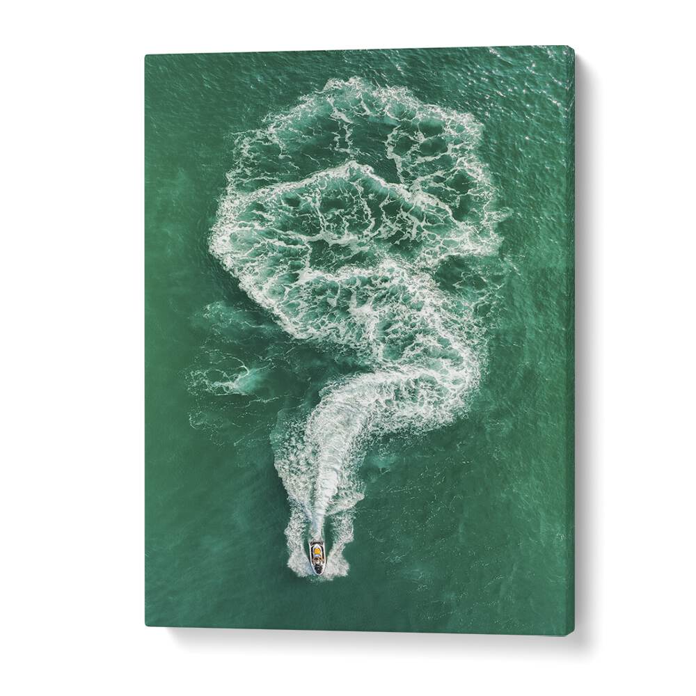 Dynamic waves trail behind a boat in FOAMY JOURNEY, PHOTOGRAPHY PRINTS, capturing the thrill of action photography.