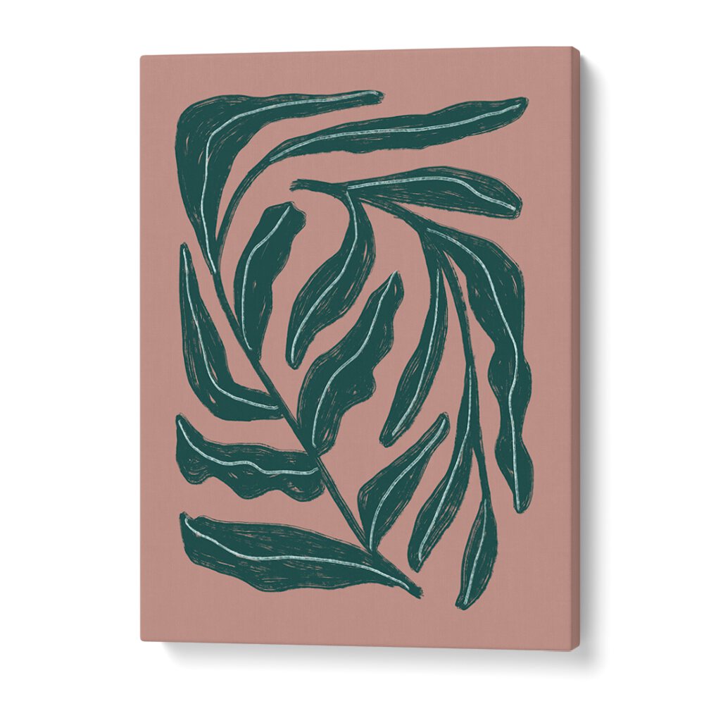 Stylish GREEN LEAVES , FLORAL FLOWER PAINTINGS featuring intricate leaf designs on a soft pink background.