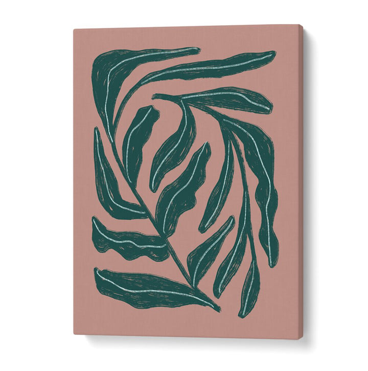 Stylish GREEN LEAVES , FLORAL FLOWER PAINTINGS featuring intricate leaf designs on a soft pink background.