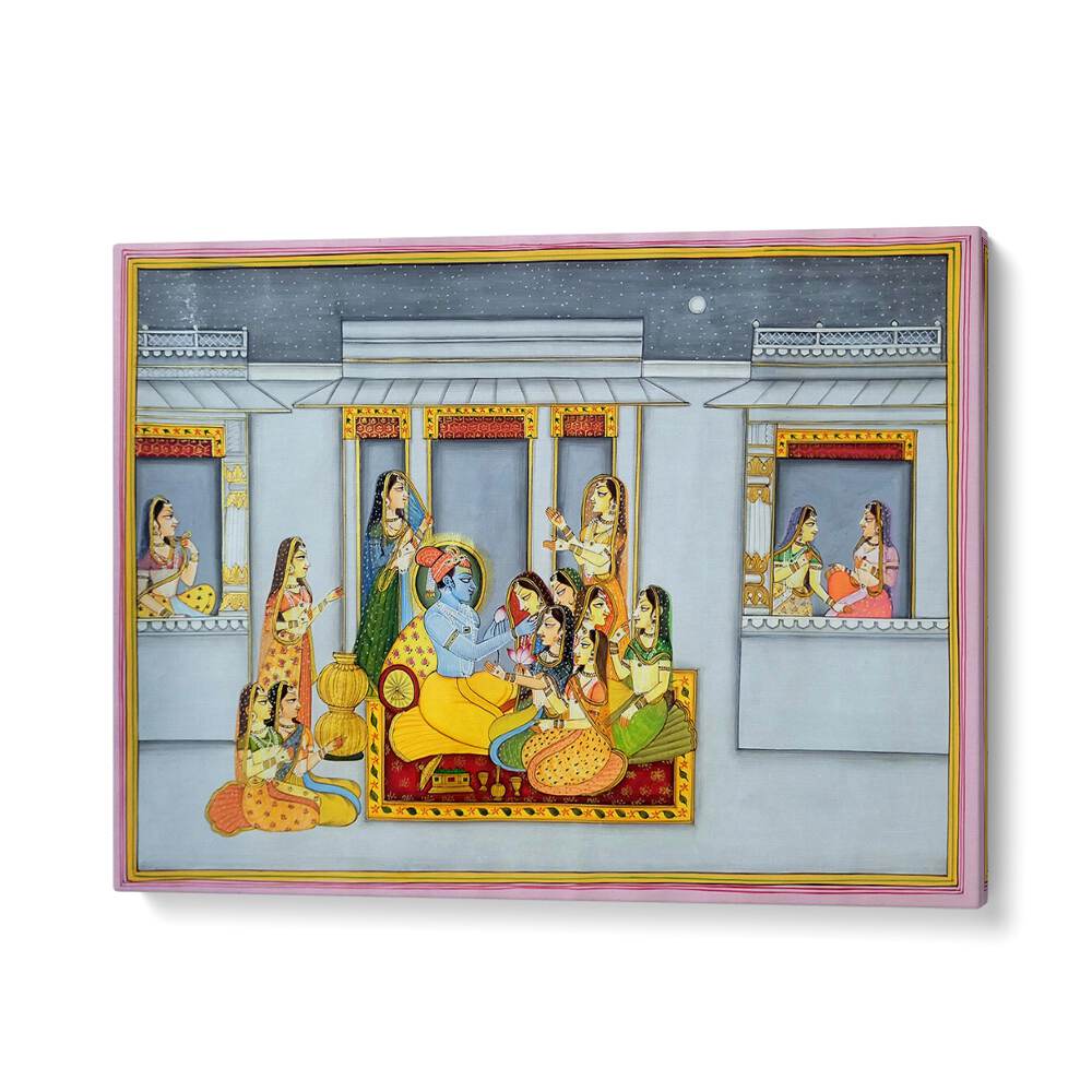 Vibrant KRISHNA WITH GOPIKA'S , INDIAN ART PAINTINGS showcasing Lord Krishna surrounded by Gopikas, perfect for home decor.