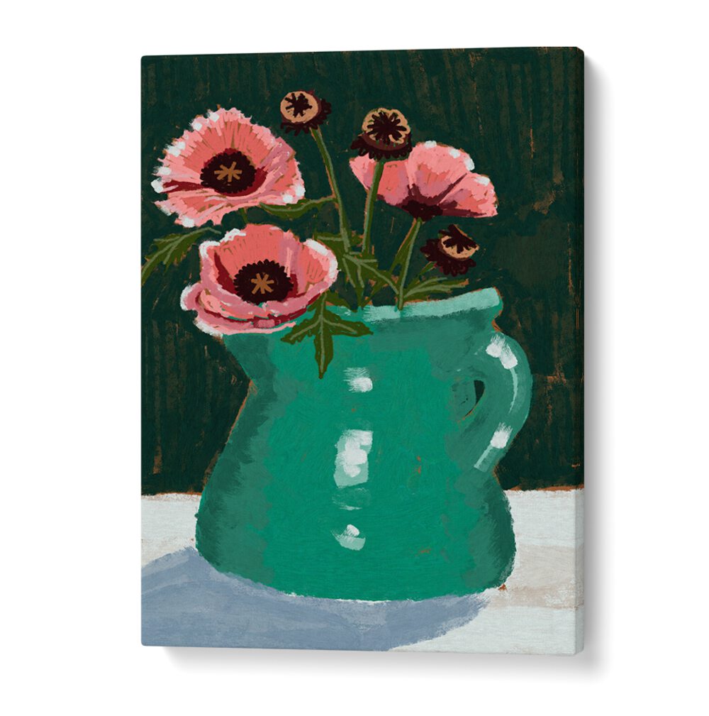 LITTLE GREEN JUG WITH POPPIES, FLORAL FLOWER PAINTINGS showcasing vibrant blooms in a charming green jug.
