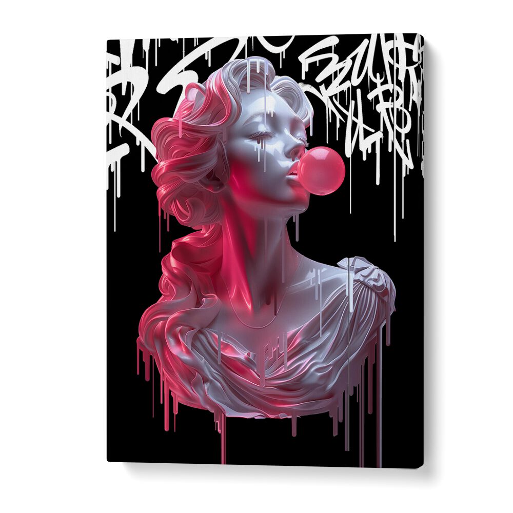 Bubble Athenea, altered art prints by Dikhotomy, features a striking sculpture with bold colors and creative design.