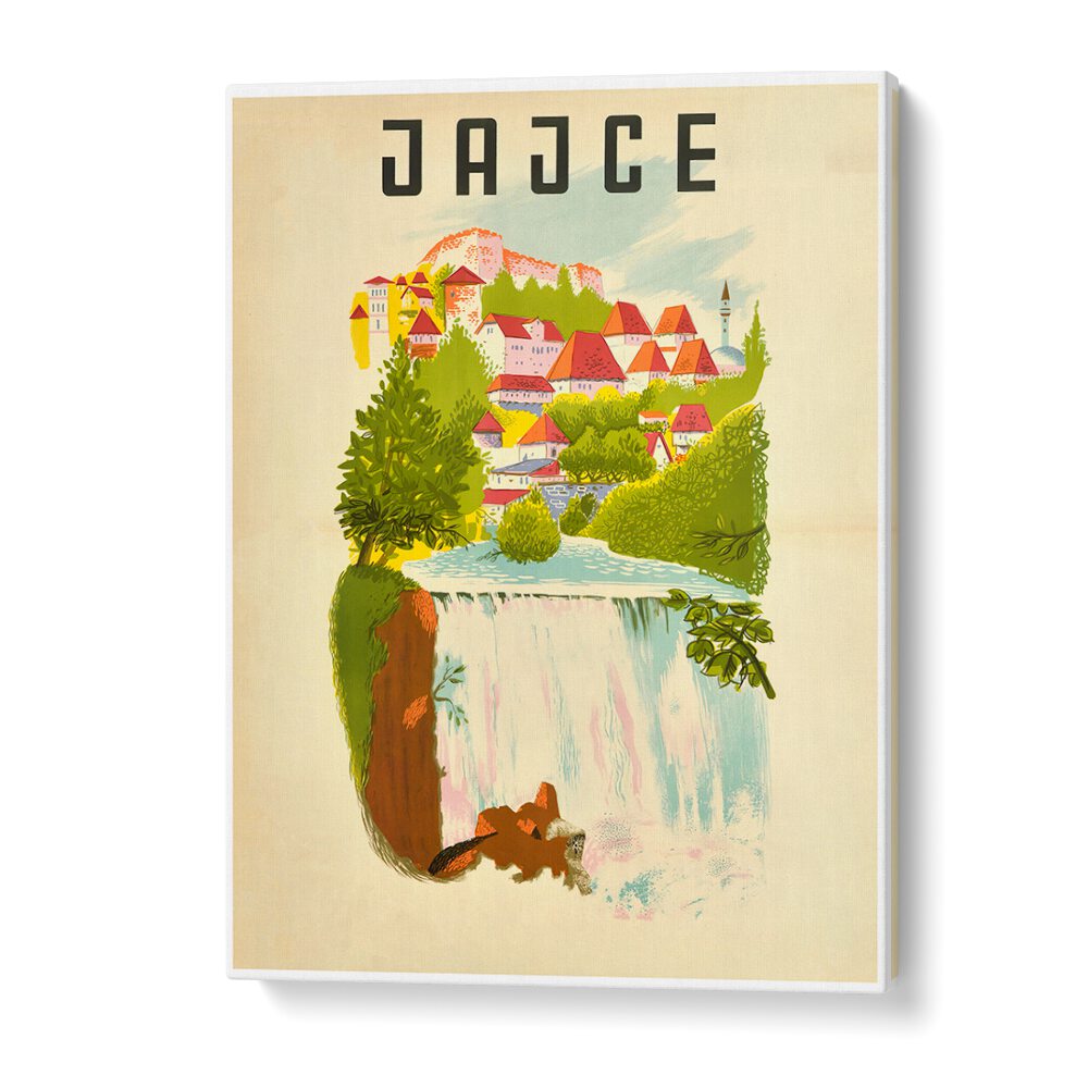 JAJCE, VINTAGE TRAVEL POSTERS showcase the stunning scenery of Jajce, blending history and art into a nostalgic design.