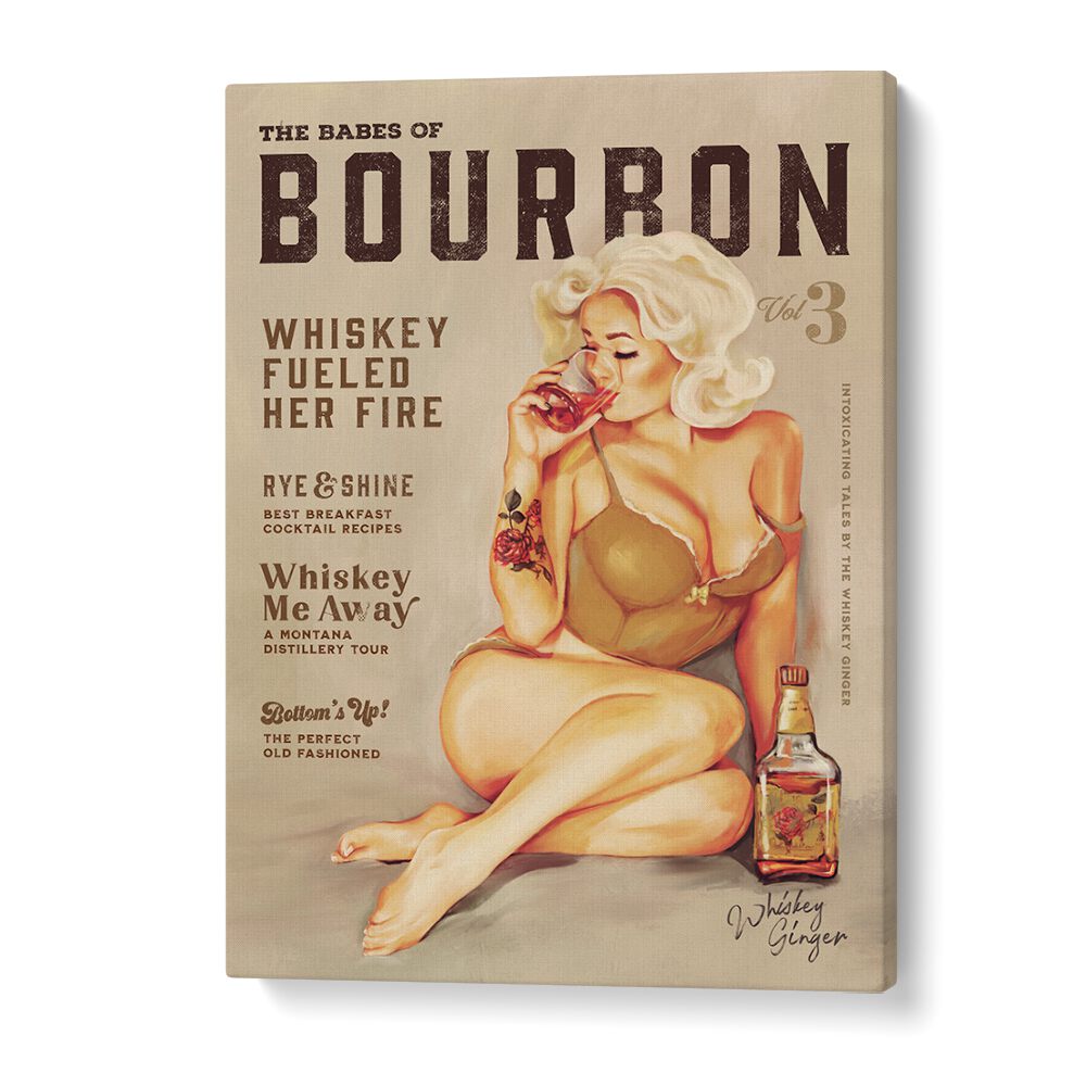 Vintage BOURBON GIRL, BAR art featuring a seductive pin-up enjoying whiskey, perfect for any bar or cafe decor.