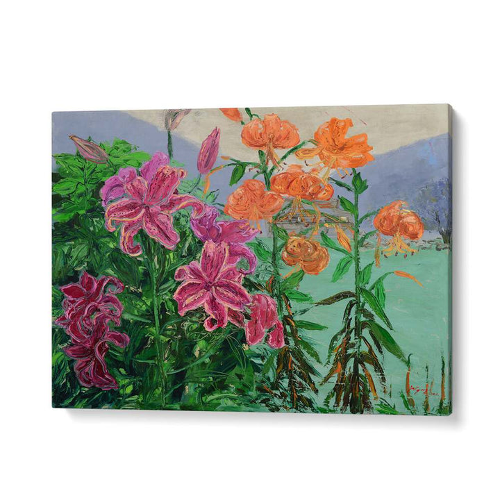 Vibrant PINK AND ORANGE LILIES , FLORAL FLOWER PAINTINGS showcase a beautiful floral arrangement for your decor.