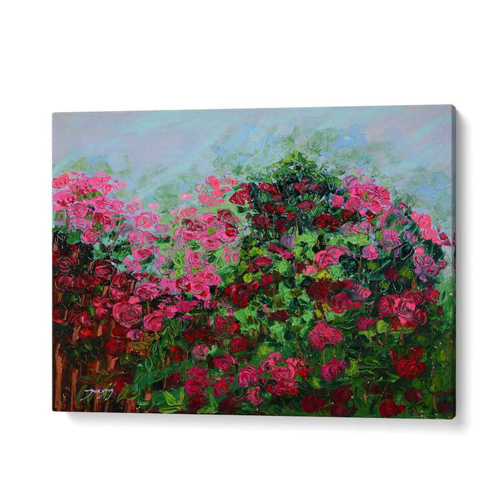 Vibrant GARDEN OF PINK, FLORAL FLOWER PAINTINGS showcasing lush pink and red roses, perfect for any floral art lover.