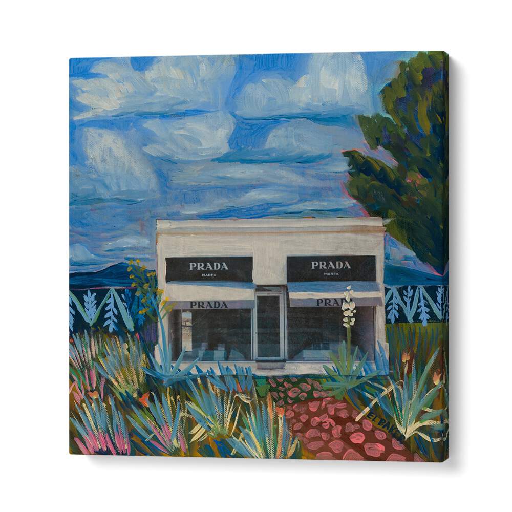 PRADA GARDEN, FASHION POSTERS showcases a vibrant artwork of the iconic PRADA store amidst lush greenery.