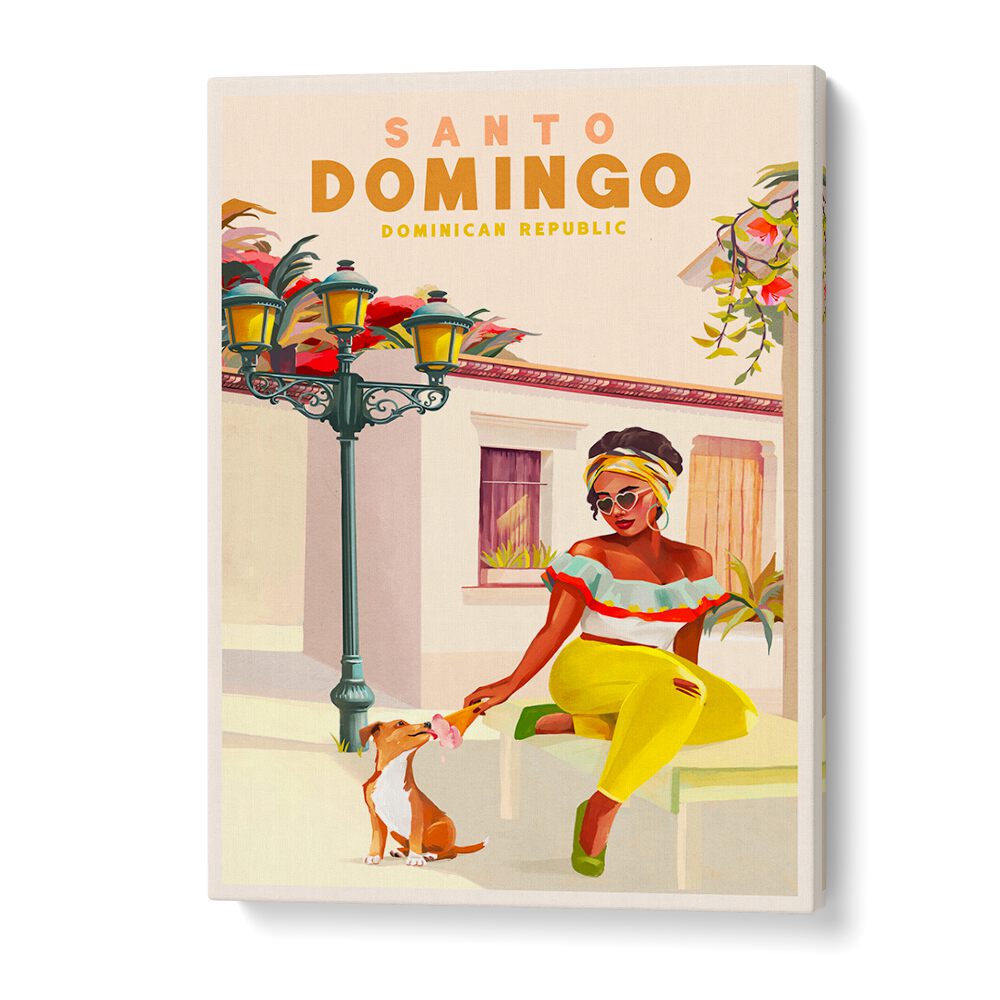 Vibrant SANTO DOMINGO, TRAVEL POSTERS featuring a woman and dog, showcasing Dominican Republic's cultural spirit.