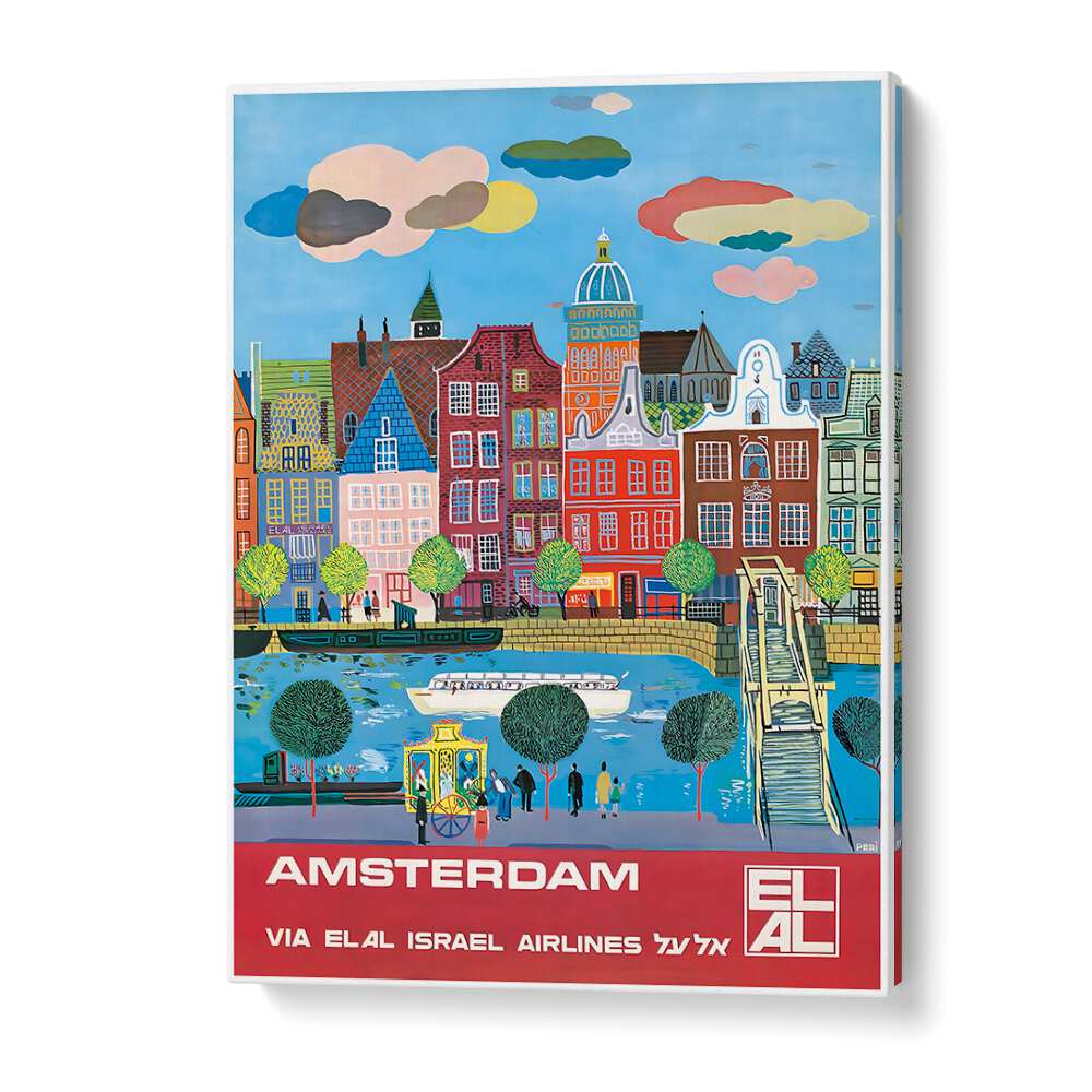 Colorful AMSTERDAM, VINTAGE TRAVEL POSTERS showcase iconic Dutch architecture, perfect for home or office decor.
