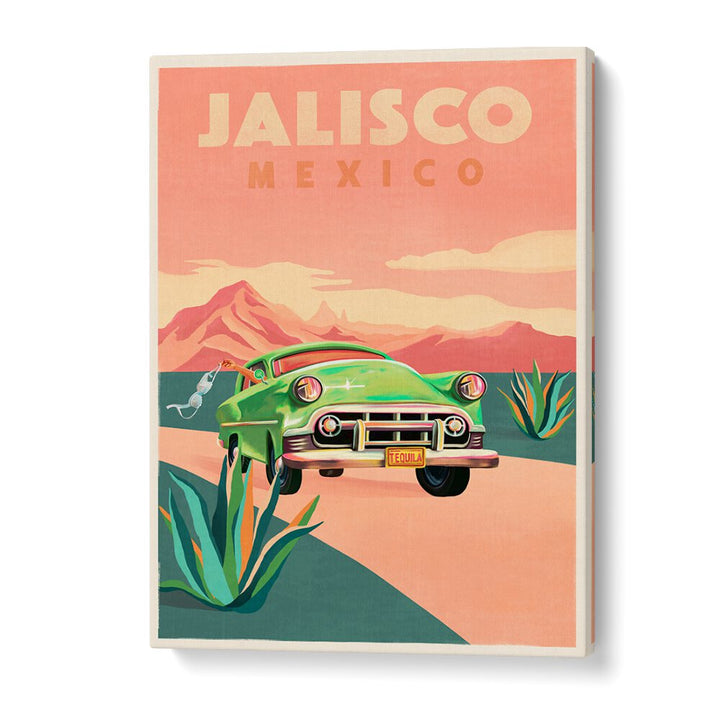 Vibrant JALISCO MEXICO, TRAVEL POSTERS showcase a classic car and stunning landscapes, perfect for your decor.