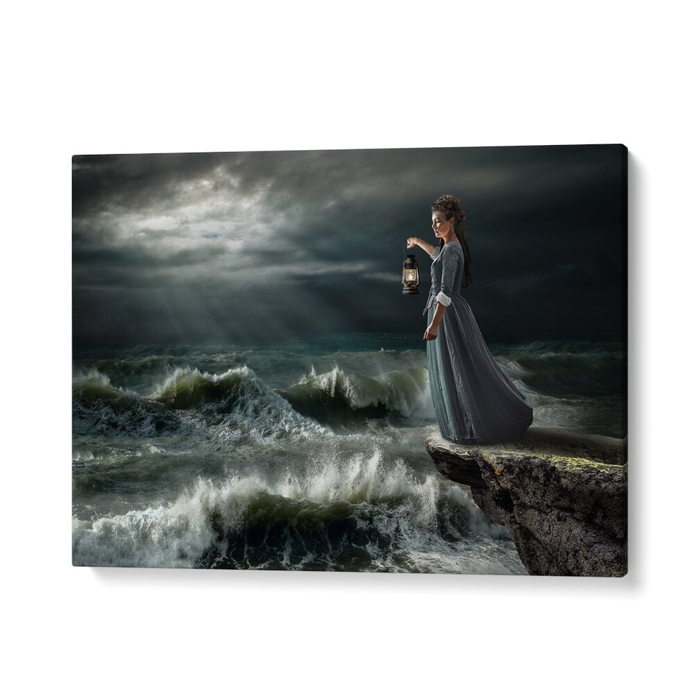 STORM MAID, PHOTOGRAPHY PRINTS feature a woman with a lantern by crashing waves, evoking a dreamlike atmosphere.