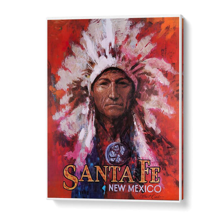 Colorful SANTAFE NEW MEXICO VINTAGE TRAVEL POSTERS featuring a Native American chief, perfect for home decor.