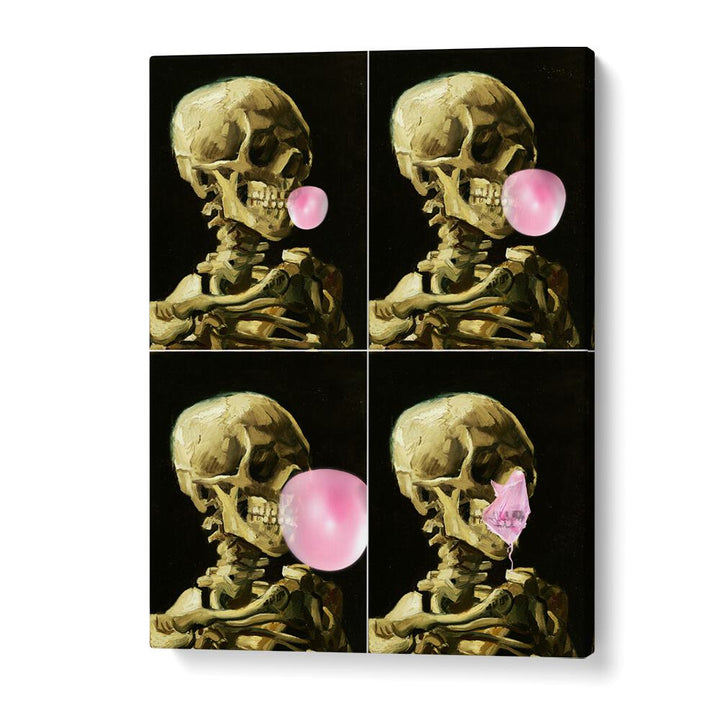 Skull Gum Explosion, altered art prints by Dikhotomy, showcase a skeleton blowing bubblegum, perfect for creative decor.