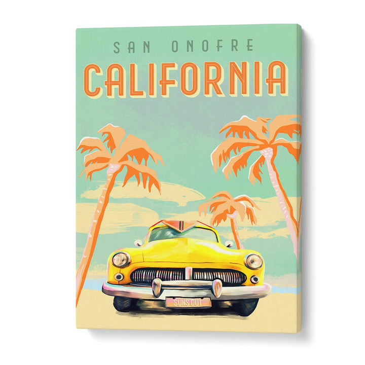Bright California Surf poster showcasing a vintage car and palm trees, perfect for travel enthusiasts. Ideal for CALIFORNIA SURF, TRAVEL POSTERS.
