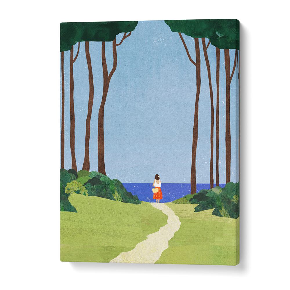 Serene DAY TRIP, LANDSCAPE PAINTINGS depicting a tranquil path through lush trees leading to the ocean view.