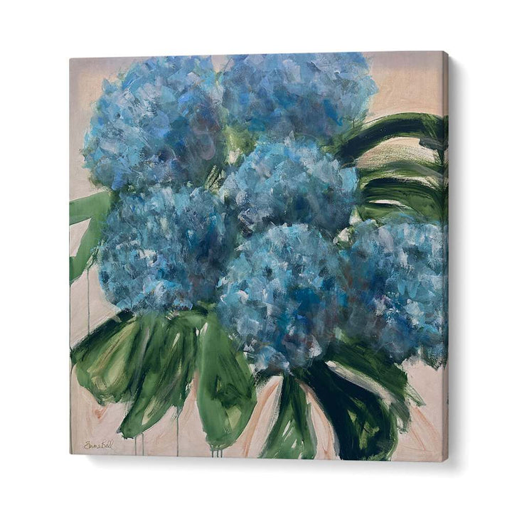 Vibrant blue hydrangeas with leaves featured in floral flower paintings, perfect for home decor enhancement.