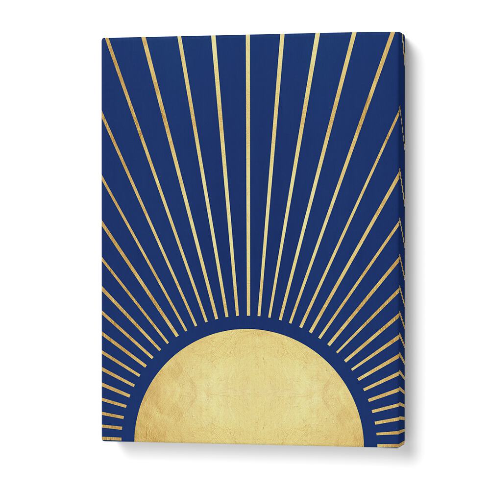 Stunning SUN RAYS I, GEOMETRIC ART PRINTS showcasing golden rays against a deep blue background, perfect for any space.