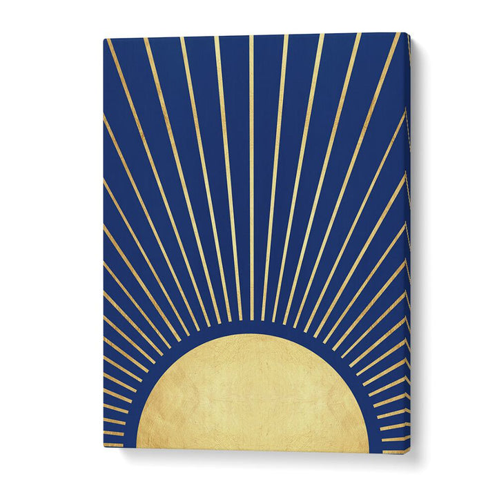 Stunning SUN RAYS I, GEOMETRIC ART PRINTS showcasing golden rays against a deep blue background, perfect for any space.