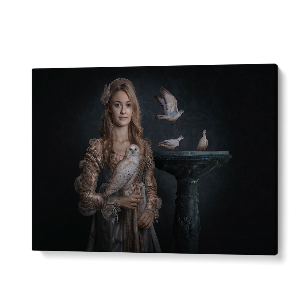 Whimsical PRINCESS BIRDS, PHOTOGRAPHY PRINTS featuring a woman with birds, enhancing your artistic space beautifully.
