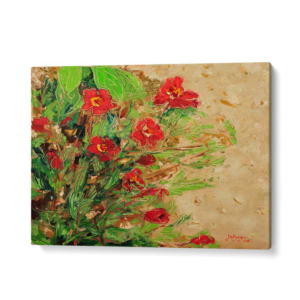 Vibrant MARIGOLD CANVAS III, FLORAL FLOWER PAINTINGS showcasing bold red blooms and lush greens for elegant decor.