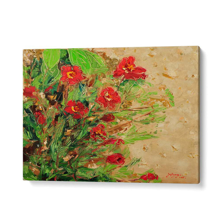 Vibrant MARIGOLD CANVAS III, FLORAL FLOWER PAINTINGS showcasing bold red blooms and lush greens for elegant decor.