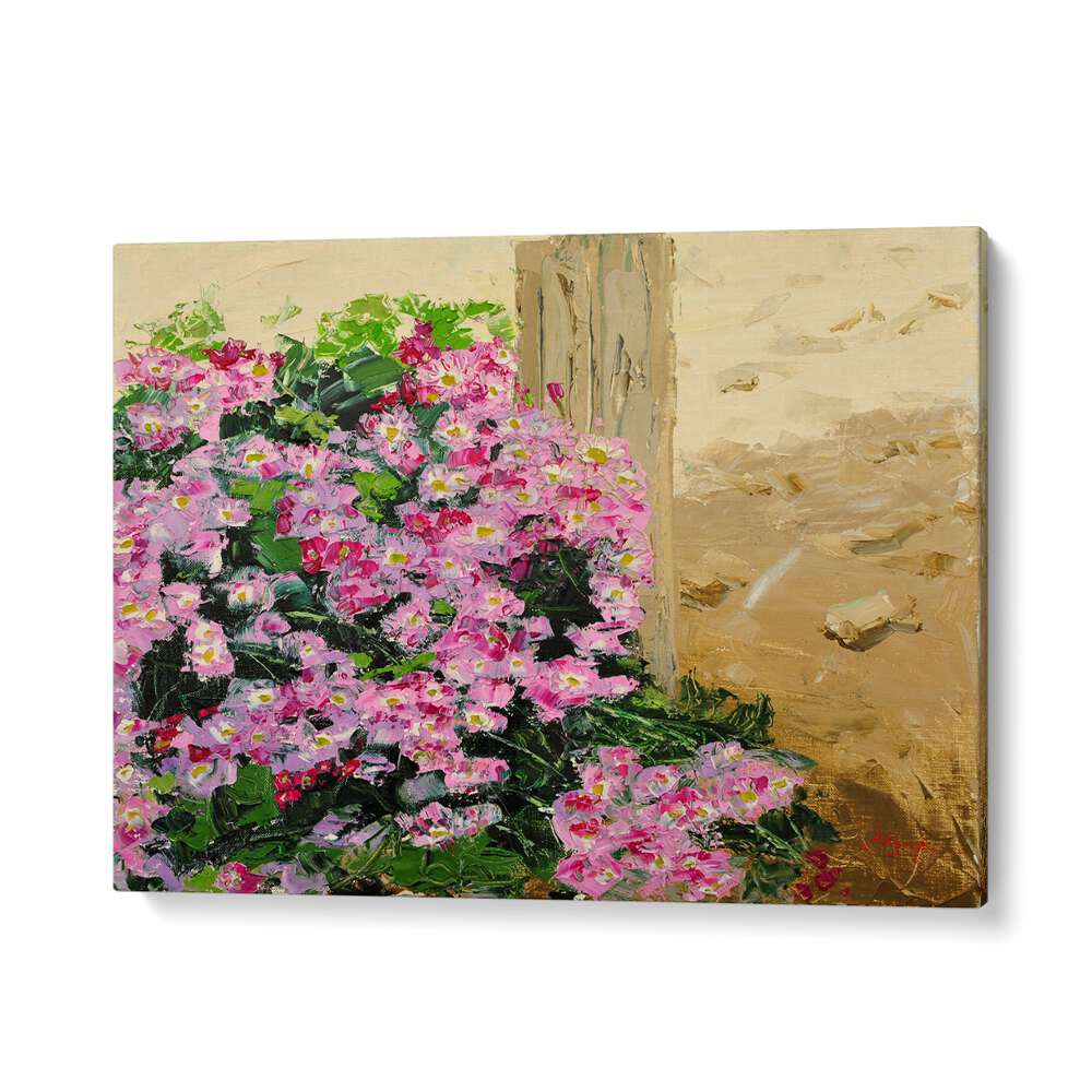 Vibrant WILD CHRYSANTHEMUM CANVAS, FLORAL FLOWER PAINTINGS showcasing lush pink blooms against a warm backdrop.