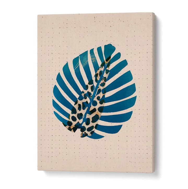 LEOPALM , FLORAL FLOWER PAINTINGS featuring a blue tropical leaf design on beige canvas by LEOPALM store.