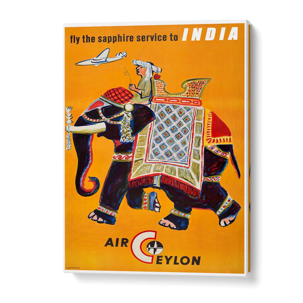 Colorful AIR CEYLON Vintage Travel Posters showcasing an elephant and cultural elements, perfect for wall art enthusiasts.