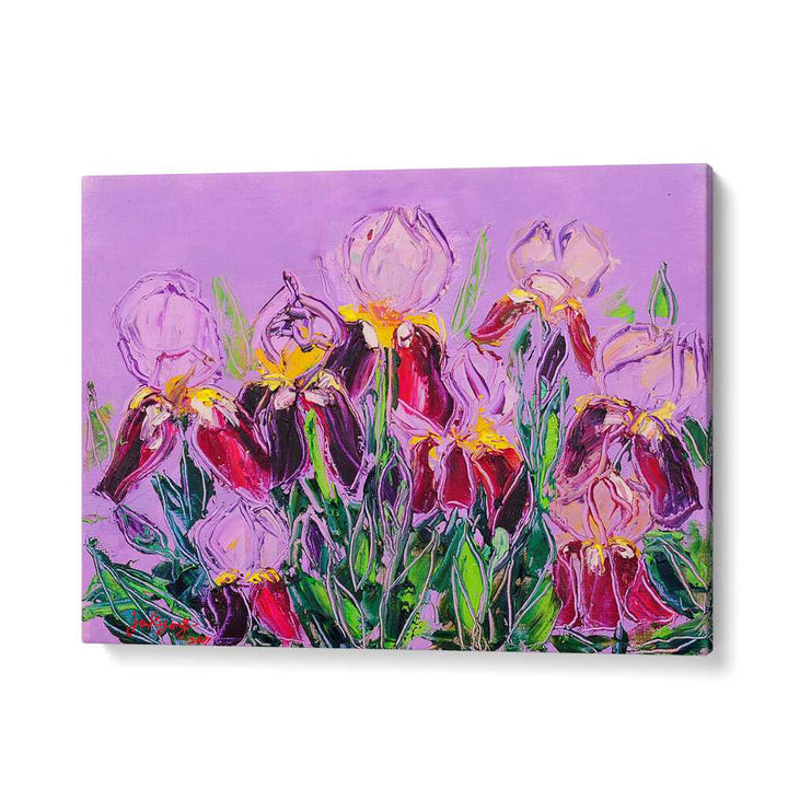 Vibrant LRISOIL ON CANVAS, FLORAL FLOWER PAINTINGS showcasing colorful irises against a soft purple background.