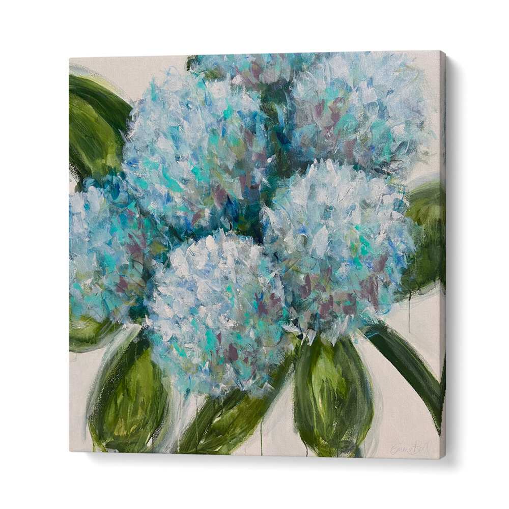 Stunning BLUE HYDRANGEAS LEAVES, FLORAL FLOWER PAINTINGS showcasing vibrant colors for your home decor.