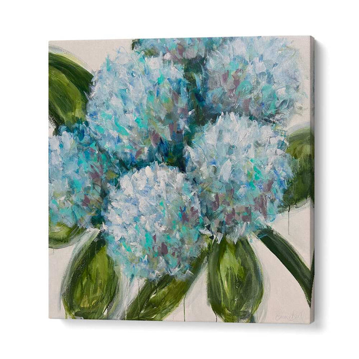 Stunning BLUE HYDRANGEAS LEAVES, FLORAL FLOWER PAINTINGS showcasing vibrant colors for your home decor.