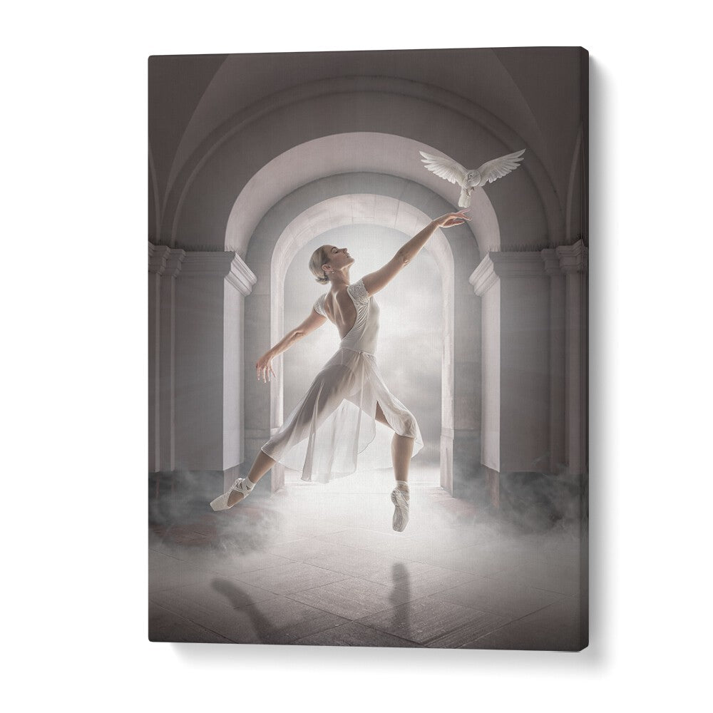 BIRD DANCE, PHOTOGRAPHY PRINTS showcase a dancer with a bird, capturing whimsical art in a surreal setting.