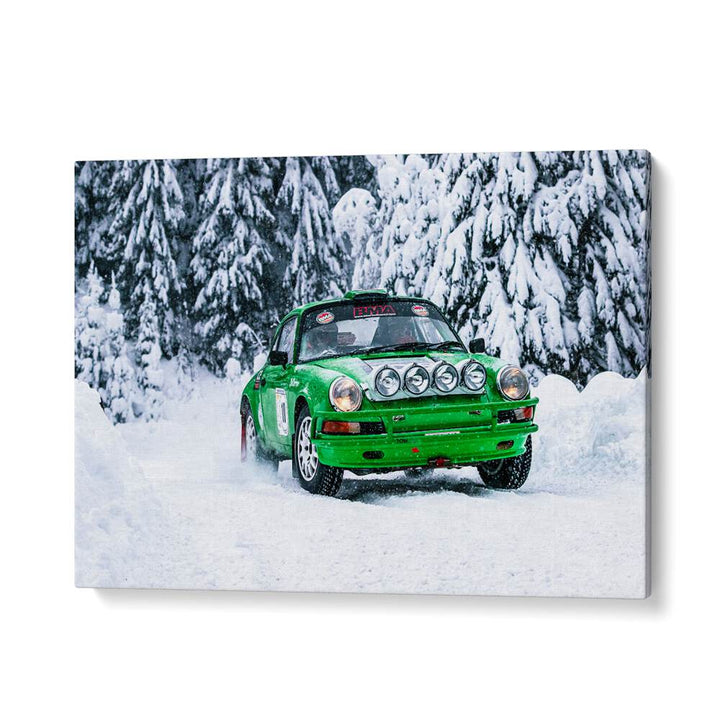 Stunning PORSCHE 911 III, PHOTOGRAPHY PRINTS capturing a green rally car in a snowy landscape for your wall decor.