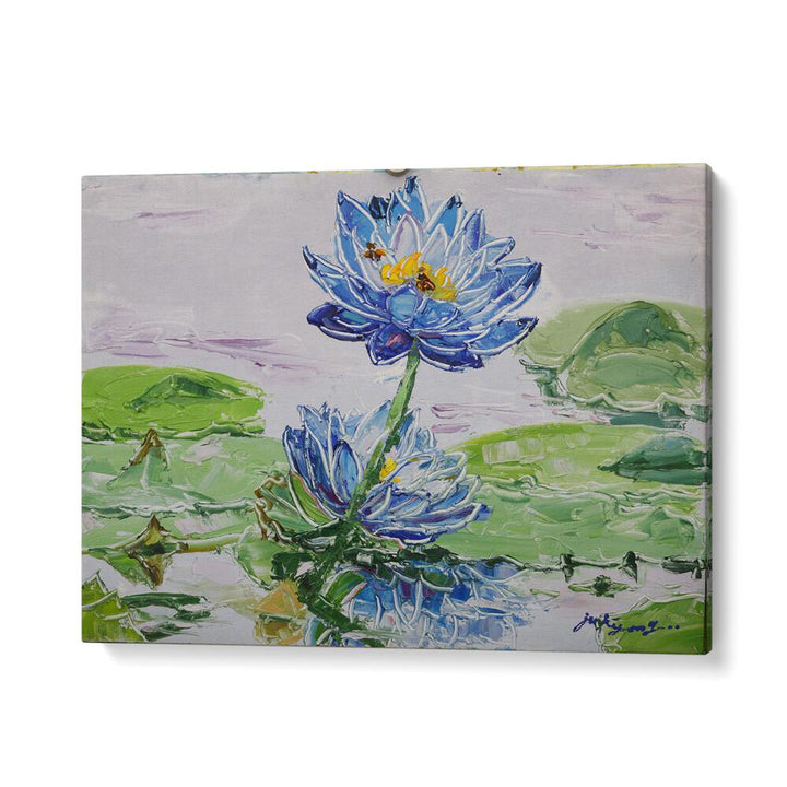 Vibrant LOTUS FLOWER CANVAS showcasing stunning floral flower paintings in rich blue hues, perfect for home decor.