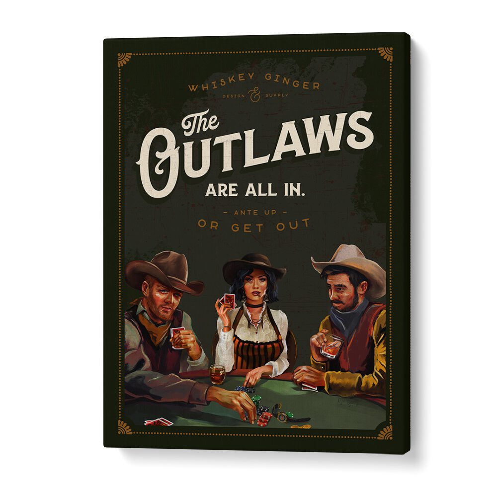 Vibrant OUTLAWS POKER, BAR art featuring cowboys at a poker table, perfect for your Wild West-themed space.